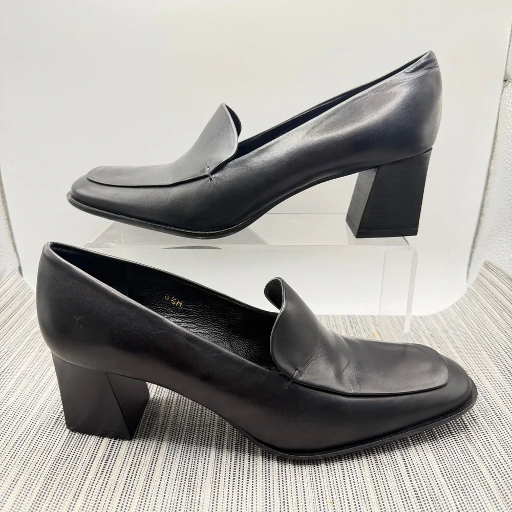 Evan-Picone Black Leather Loafers Size 8.5M Square Toe Block Heel Made in Spain - Picture 2 of 9